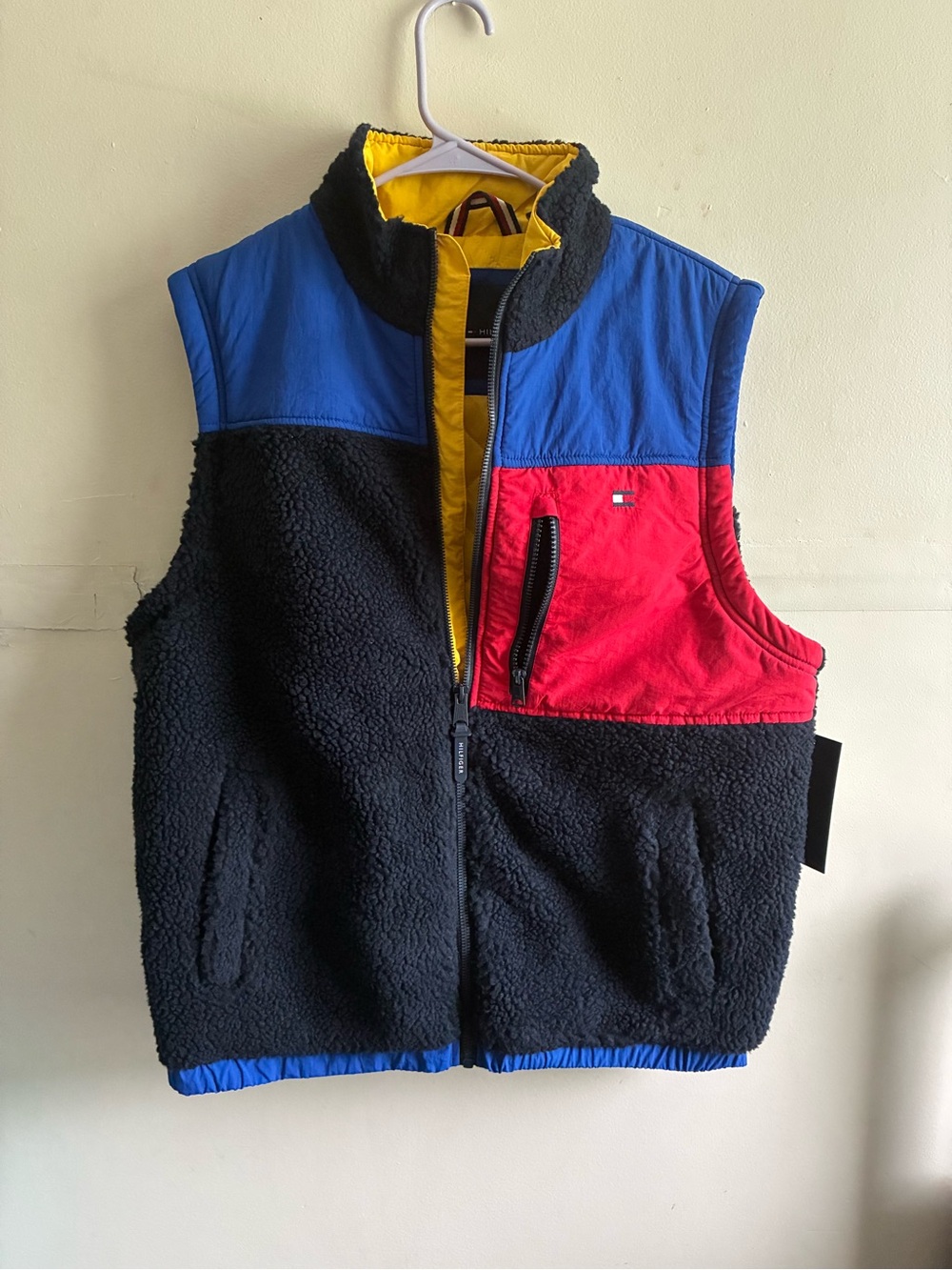 Tommy Hilfiger Colorblock Sherpa Vest in Black, Blue & Red with Yellow Lining
